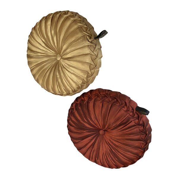 Borgata Throw Pillows Round Pleated Accent Satin Bronze Antique Gold 15" - Picture 3 of 14